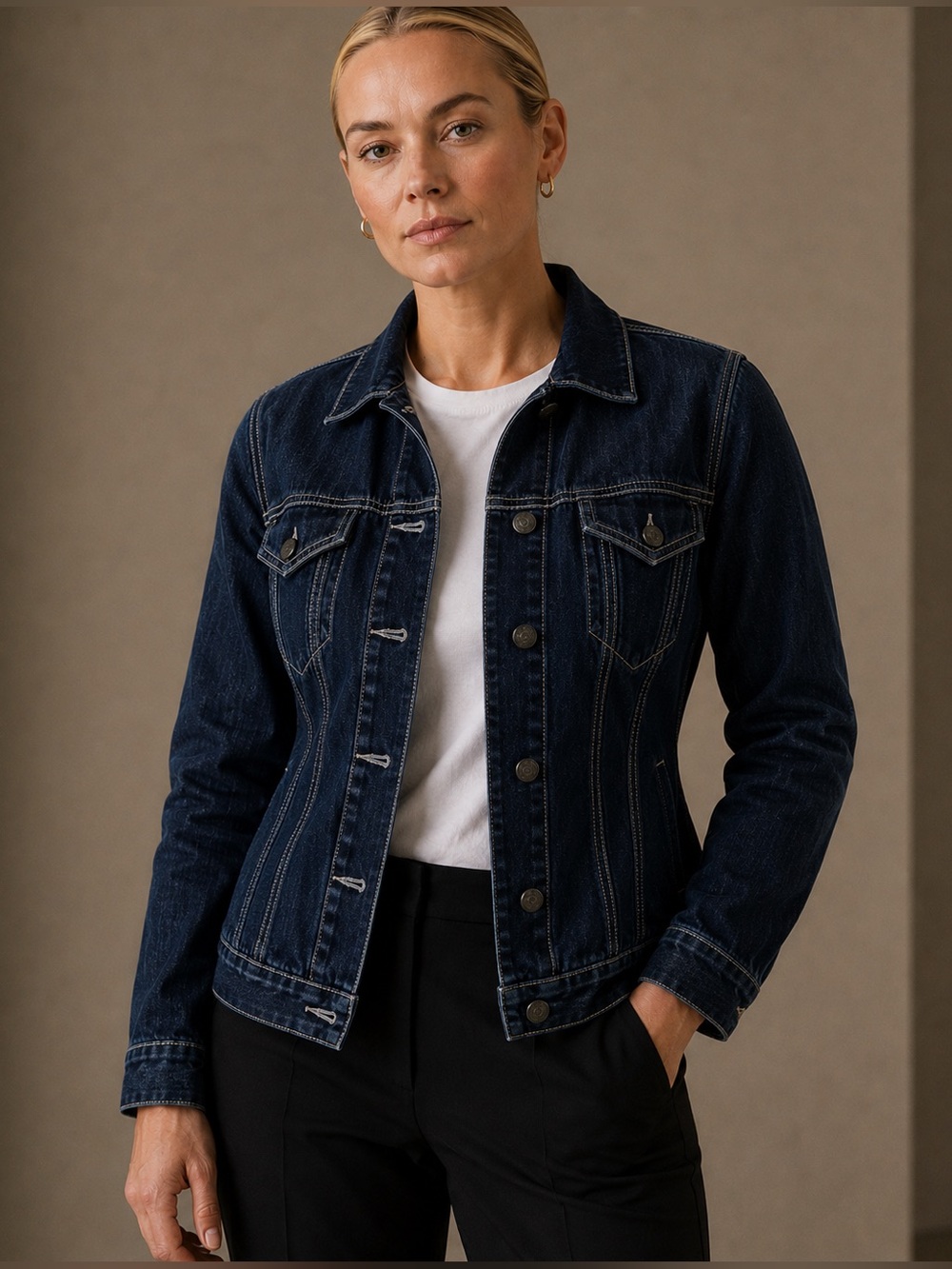Current Elliott Corset Trucker Denim Jacket Dark Wash‎ Hearst Blue Fitted Sz 2 M